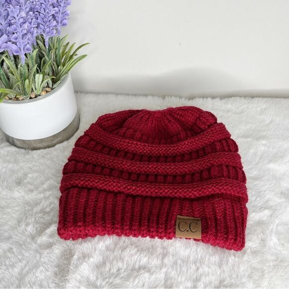 C.C Dark Crimson Red Ponytail Cable Knit Beanie Hat - Picture 2 of 8